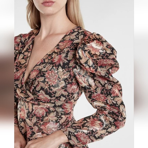 EXPRESS Floral Metallic Gold Puff Sleeve Shoulder Sheath Wrap Dress Size large - Picture 12 of 15
